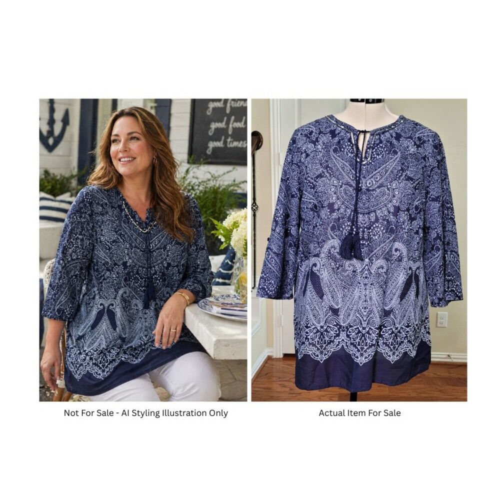 Chico's Paisley Tunic Top Navy Blue Women L Tassel Sequin Peasant Casual Office